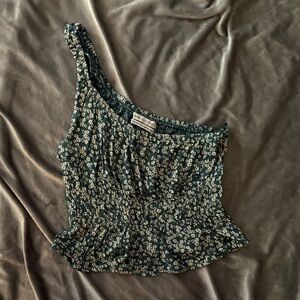 Urban Outfitters Green Floral One-Shoulder Blouse